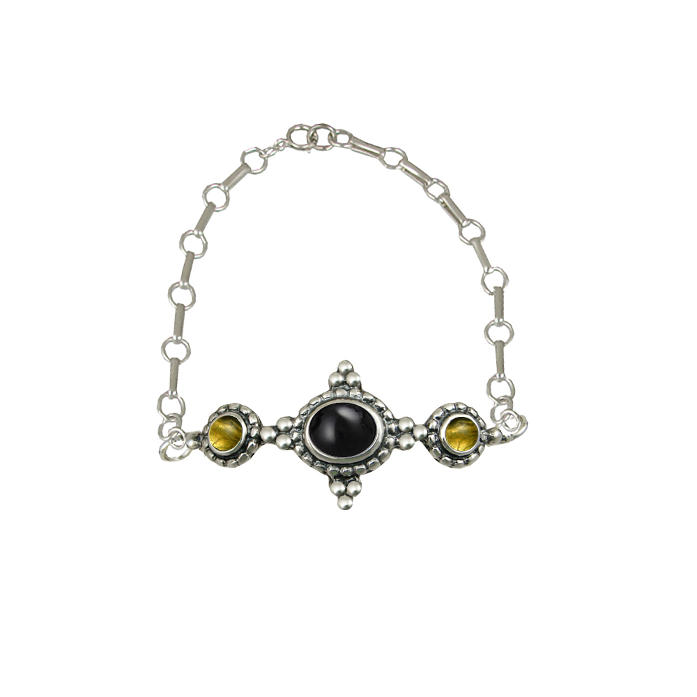 Sterling Silver Gemstone Adjustable Chain Bracelet With Black Onyx And Citrine